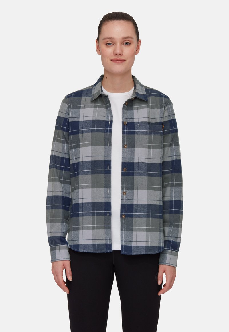 Karierte Flanelljacke in Blau-, Grau- und Weißtönen. Verfügt über eine Knopfleiste vorne, eine Brusttasche und lange Ärmel. Angenehme, glatte Textur.