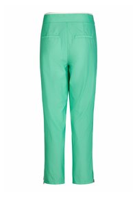 Mintgrüne, cropped Hosen mit glatter Textur, ausgestattet mit zwei Gesäßtaschen und seitlichen Reißverschlüssen am Saum für eine verstellbare Passform.