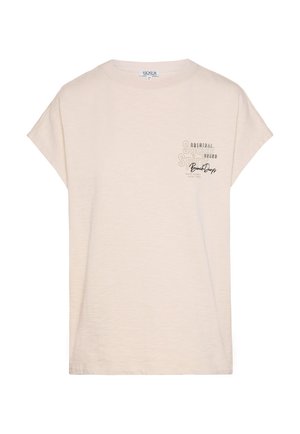 Helle beige T-Shirt mit kurzen Ärmeln aus weichem Stoff, ausgestattet mit einem kleinen Grafikdesign auf der Brust mit dem Text "Soccx Spirit Brand Beach Days".