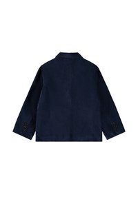 Giacca in corduroy blu navy con maniche lunghe, colletto a punte e polsini a tre bottoni; texture liscia con una leggera costina.