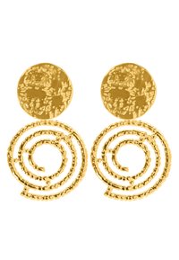 Gouden oorbellen met een geprofileerde ronde stud bovenaan en een spiraalontwerp eronder, vervaardigd met een gladde, reflecterende afwerking.