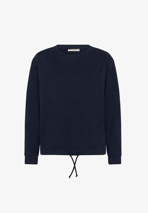 Tumši zila garām piedurknēm sporta krekls, izgatavots no mīkstas auduma, ar apaļu kakla izgriezumu un ar strings apakšmalā, lai regulētu piegulšanu.