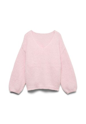 Suéter de punto rosa claro con mangas largas tipo globo y un amplio escote redondo, mostrado plano sobre un fondo blanco.