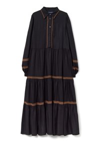 Vestido negro de manga larga con cuello, cierre frontal de botones y diseño en capas. Presenta detalles de costuras en marrón contrastante en las costuras.