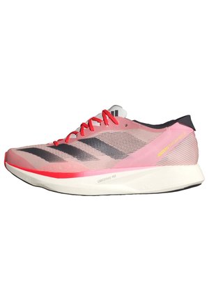 Lightweight pink and black running shoe with red laces, black stripes, and white sole labeled "Lightstrike Pro" and "Adizero Takumi Sen 9."