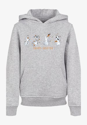 Szara bluzka z kapturem z graficznym nadrukiem z bałwanami w różnych pozach, z napisem "SHAPE-SHIFTER" w kolorze pomarańczowym poniżej.