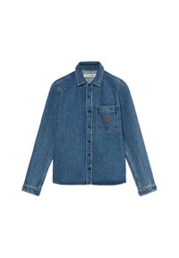 Blå denimskjorta, lång ärm, knappstängning, krage, en bröstficka med broderad logotyp, klassisk passform och blekt utseende.