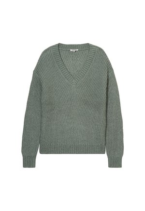 Suéter verde de punto con un escote en V, mangas largas y puños y dobladillo acanalados. Presenta un patrón texturizado en toda la tela.