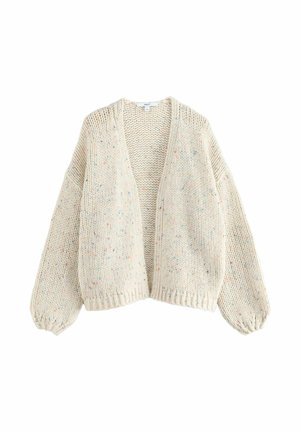 Cardigan chunky in crema con pallini multicolori, apertura frontale e maniche a palloncino. Tessuto testurizzato e dettagli a costine sull'orlo.