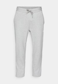 Gray sweatpants made of soft cotton blend, featuring an elastic waistband with drawstring, and a relaxed fit with tapered legs.