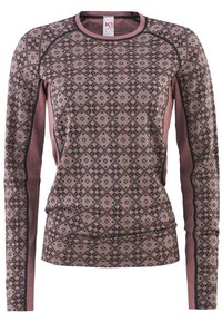 Langärmliges Oberteil in Rosa mit geometrischem Muster in Dunkelbraun. Es hat einen Rundhalsausschnitt und kontrastierende, strukturierte Einsätze entlang der Ärmel.