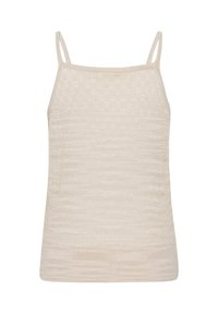 Top beige en maille sans manches avec fines bretelles et motif subtilement texturé horizontal.