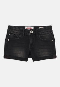 Črne denim kratke hlače s zavitimi robovi, z zapiranjem na gumb spredaj, petimi žepi in rdečimi šivi. Oznaka vidna.