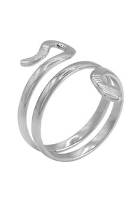 Anello argento a forma di serpente con finitura lucida, caratterizzato da due bande intrecciate, una con design torcigliato e l'altra liscia.