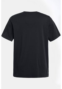 T-shirt noir à manches courtes en coton doux, avec un col rond et un design simple et sans coutures au dos. Sans motifs ni embellissements.