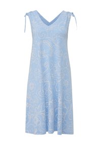 Robe sans manches bleu clair avec motifs floraux et volutes blancs, col en V et bretelles ajustables à nouer aux épaules.