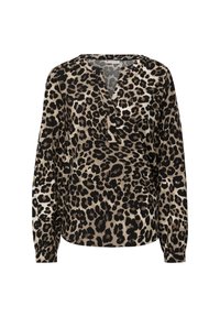 Halenka s leopardím vzorem v béžové a černé barvě, s výstřihem do V, dlouhými rukávy a uvolněným střihem. Měkká látka s jemným leskem.