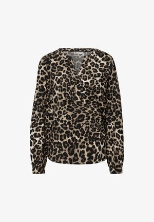 Blusa con stampa leopardata in beige e nero, caratterizzata da scollatura a V, maniche lunghe e un fit complessivo rilassato. Tessuto morbido con una leggera lucentezza.