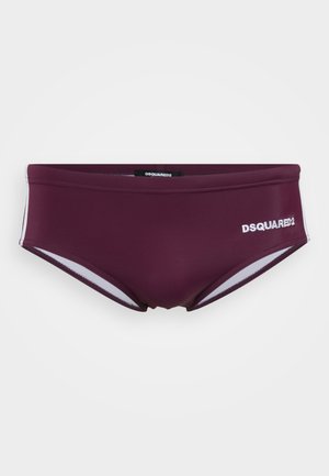 Bordeauxfarbene Herren-Schwimmshorts mit weißem Saum an den Kanten und DSQUARED2-Logo auf der rechten Vorderseite.