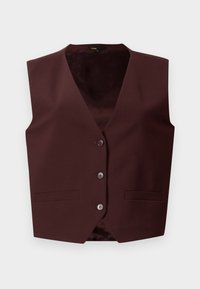 Bordeaux vest, mouwloos ontwerp, gladde textuur, vijf knopen aan de voorkant, twee zijzakken en een subtiele gestreepte voering.