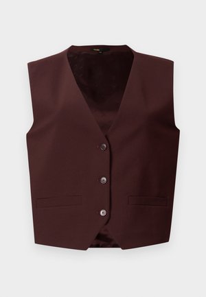 Burgundy vest, sleeveless design, smooth texture, five buttons on front, two side pockets, and a subtle patterned lining.