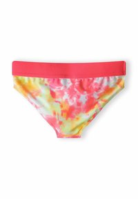 Večbarvne kopalne hlačke z širokim rožnatim elastičnim pasom; imajo tie-dye vzorec v rožnatih, rumenih in zelenih odtenkih na mehkem materialu.