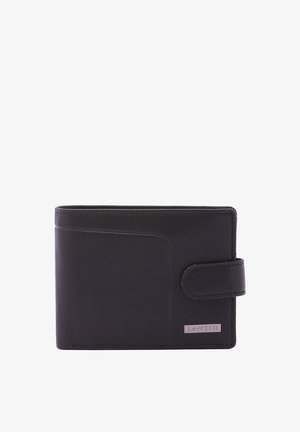 Zwarte leren portemonnee met een gestructureerd oppervlak, met een slank profiel, een voorste kaartslot en een drukknoopsluiting. Logo-detail in zilver.