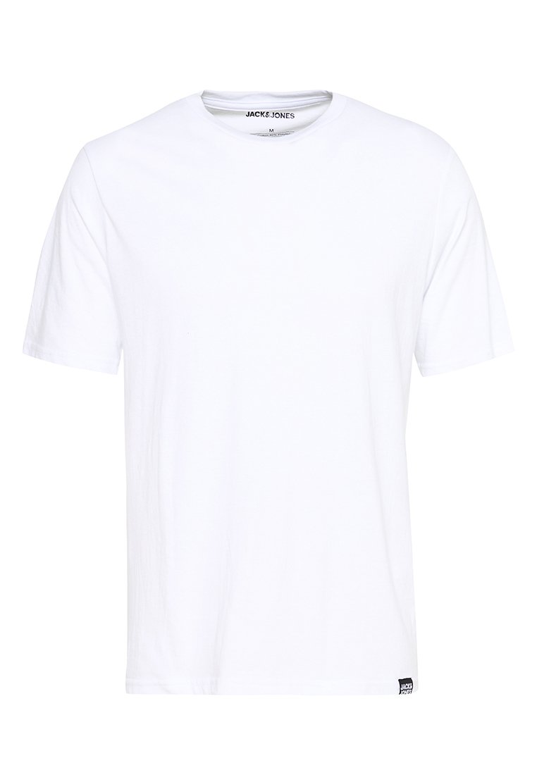 Weißes Baumwoll-T-Shirt mit kurzen Ärmeln, Rundhalsausschnitt und einem kleinen Logoschild am unteren linken Saum. Weicher Stoff und lässiges Design.