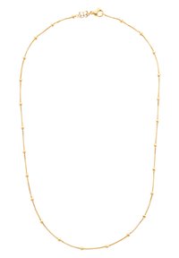 Collier en chaîne dorée avec de petites perles rondes espacées régulièrement le long d'une chaîne délicate, fermée par un crochet de homard.