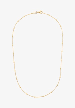 Guldfarvet kædemosaik med små, runde perler jævnt fordelt langs en delikat links kæde og med en lobsterclasp lukning.