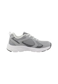 Gray athletic shoe with mesh panels, white accents, cushioned sole, rounded toe, and pull tab at the heel. Laces are white.