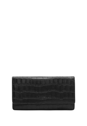 Portefeuille en cuir noir avec une texture crocodile, doté d'un rabat pliant et d'un logo subtil en relief à l'avant. Fini lisse.