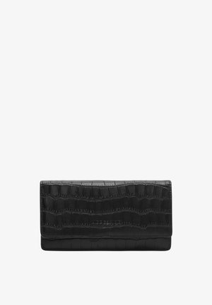 Portefeuille en cuir noir avec une texture crocodile, doté d'un rabat pliant et d'un logo subtil en relief à l'avant. Fini lisse.