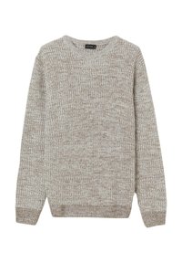 Maglione lavorato a maglia beige con un motivo testurizzato, scollo rotondo e maniche lunghe. Le maniche e l'orlo a costine aggiungono dettagli al design.