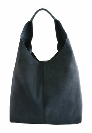 Black suede shoulder bag with wide strap and simple seam detail, shown against white background.