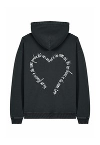 Felpa nera con cappuccio caratterizzata da un grande design di testo in bianco a forma di cuore sul retro, con polsini e orlo a coste.