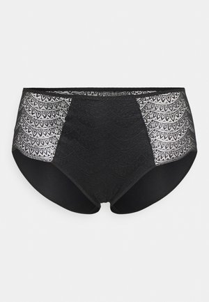 Black high-waisted underwear featuring textured fabric and silver patterned accents on the sides. Smooth finish and seamless edges for comfort.