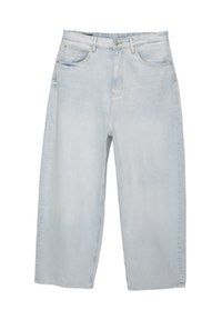 Světle modré džínové kalhoty s širokými nohavicemi. Mají vysoký pas, pět kapes a jemné vyblednutí. Čistý lem a minimální šití jako detail.