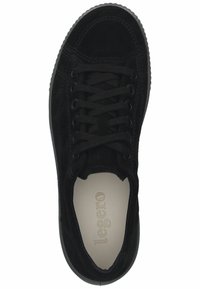 Black suede sneaker with round toe, flat laces, a textured rubber sole, and branded insole. Features stitching accents along the sides.
