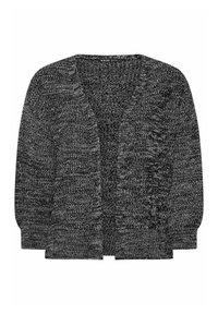 Svart och vit stickad cardigan med långa ärmar, öppen fram och ribbade muddarna. Strukturerad mönster genom hela tyget, mjuk utseende.