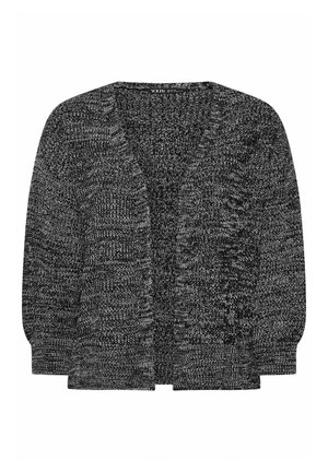 Cardigan lavorato a maglia in bianco e nero con maniche lunghe, apertura frontale e polsini a coste. Motivo tessurizzato su tutto il tessuto, aspetto morbido.