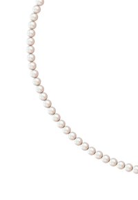 Perlekæde med runde, hvide perler med en glansfuld finish, jævnt fordelt langs en delikat snor, der fremhæver den glatte tekstur og ensartethed.