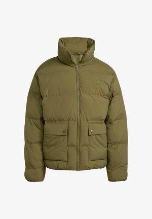 Olive green puffer jacket with a high collar, front zipper, and two snap-button flap pockets. Features a quilted texture and subtle logo.