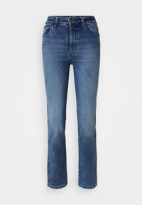 Blue denim jeans with a high waist, straight leg design, five pockets, and subtle fading on the front, finished with a stitched hem.