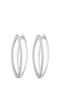 Silberne Creolen in einer länglichen Ovalform, verziert mit kleinen klaren Steinen entlang der Kante, mit einem polierten Finish.