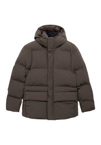 Giacca a vento marrone con cappuccio, caratterizzata da un design trapuntato, due tasche frontali e una chiusura con cerniera. Tessuto morbido con vestibilità casual.