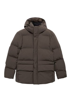 Brun pufferjakke med hætte, der har et quiltet design, to forlommer og lynlåslukning. Blød tekstur med en afslappet pasform.