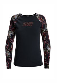 Černé tričko s dlouhým rukávem, červeně květinově vzorované rukávy a výrazné červené logo "ROXY" na přední straně. Hladký materiál, atletický střih.