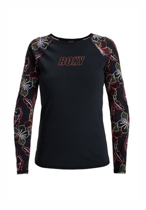 Czarna koszulka z długim rękawem z czerwonymi rękawami w kwiatowy wzór oraz wyraźnym czerwonym logo "ROXY" z przodu. Gładka struktura, sportowy krój.