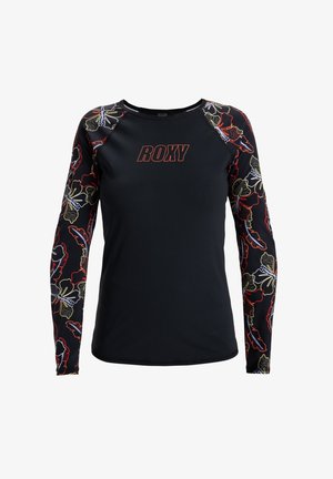 Schwarzes Langarmshirt mit roten floralen Musterm änteln und einem auffälligen roten "ROXY"-Logo auf der Vorderseite. Glatte Textur, sportlicher Schnitt.
